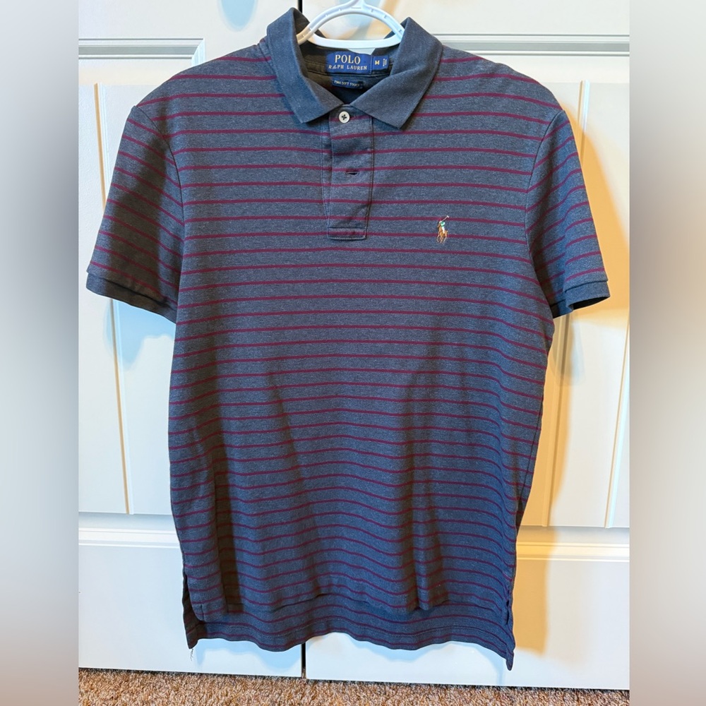 Ralph Lauren Polo Men's Gray and Maroon Striped Polo Shirt